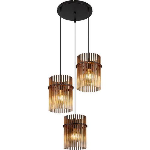 LED Pendelleuchte, 3-Flammig, Metall, Amber, Glasstäbe, H 140 cm