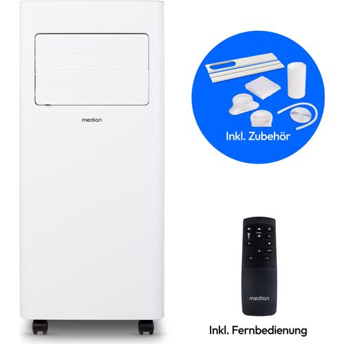 MEDION Mobile Klimaanlage mit Abluftschlauch E701 (7000 BTU, mobil, inkl. Fensterabdichtung, bis 25m², 3in1 Kühlen Entfeuchten Ventilieren, Schlafmodus, MD 37730)