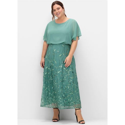 Abendkleid SHEEGO "Abendkleid", Damen, Gr. 54, Normalgrößen, grün (rauchgrün), 100% Polyester, Spitze:100% Polyester, unifarben, lang, Rundhals, Kleider Abendkleid