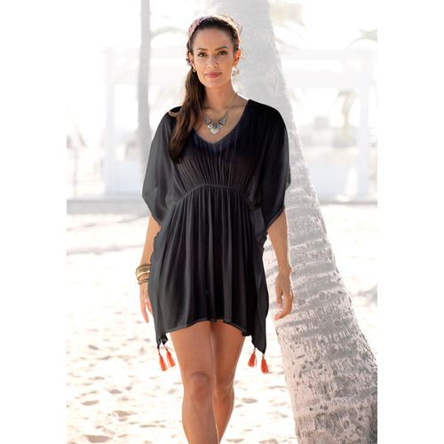 Tunika LASCANA, Damen, Gr. 36/38, schwarz, Cru00eape, Web, Obermaterial: 100% Viskose, unifarben, modisch, figurumspielend Po-bedeckend, V-Ausschnitt, Kurzarm, Tuniken, aus gekreppter Viskose, Blusenkleid, Strandmode, transparent