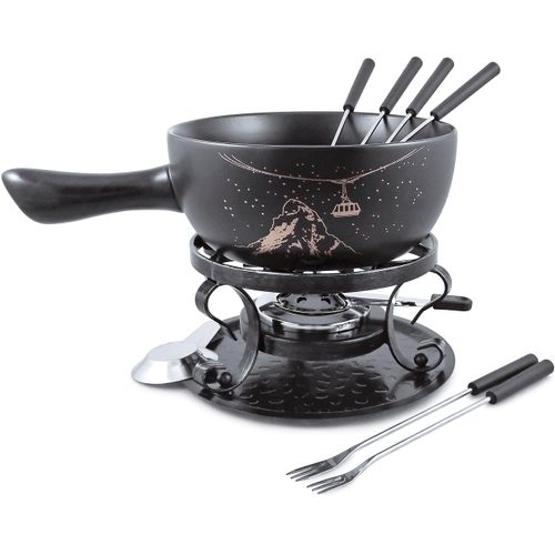 Fondue SWISSMAR "Gruyére", schwarz, B:27cm H:23cm T:27cm, Fondues, Käsefondue, Keramik/Schmiedeeisen, 9-teilig, inkl. 6 Fonduegabeln