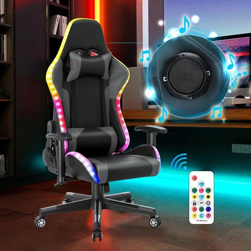 Gaming Stuhl mit RGB LED-Leuchten und Lautsprechern Videospielstuhl Racing Computter Stuhl PC Stuhl aus Kunstleder mit hoher Rückenlehne ergonomischer Bürostuhl mit Kopfstütze Lendenwirbelstütze Grau