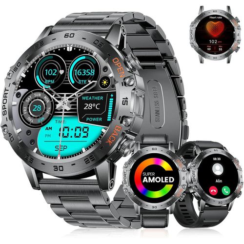 Herren Militär Smartwatch mit 530mAh Akku Telefonfunktion (3 Bänder), Herzfrequenz, SpO2, Schlafmonitor, IP68 Wasserdicht, 120+ Sportmodi, Fitness