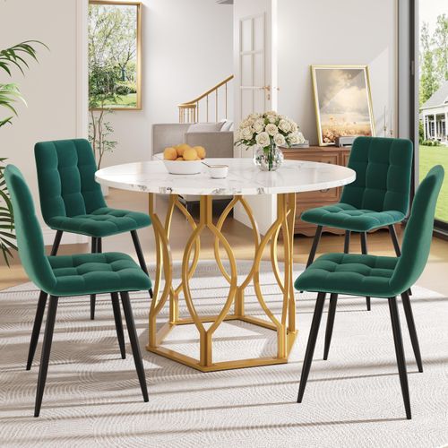 5-teiliges Esstisch-Set rund 100 cm, Weiß/Gold, 4 Samtstühle in Grün