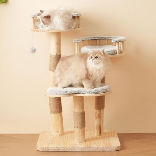 okwish Katzenbaum mit 3-stufiges Sprungbrett,Katzenklettergerüst mit abnehmbare Kissen und Spielbälle,Katzenklet Wolkenoptik-Imitation,Weiß