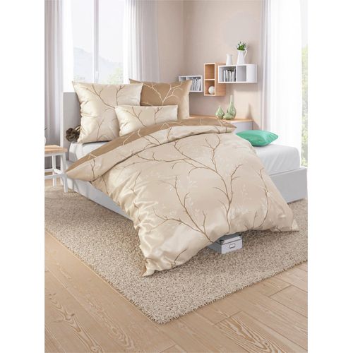 Bettwäsche WÄSCHEPUR Gr. 3, beige (beige, schoko, bedruckt), B/L: 155cm x 220cm, 2-teilige Garnitur St., 2-teilige Garnitur St., Feinbiber, B/L: 80cm x 80cm, Feinbiber, 100% Baumwolle, Bettwäsche