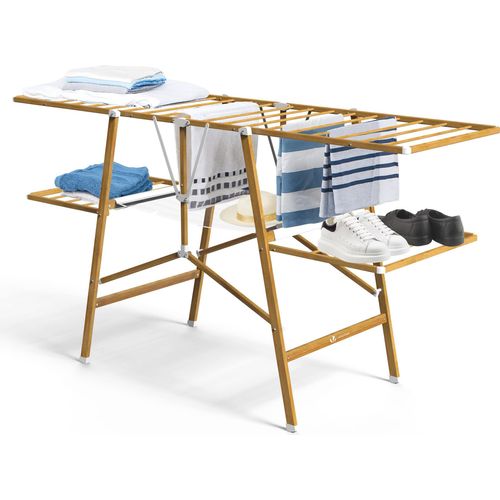 VOUNOT® Wäscheständer Klappbar aus Rostfreier Stahl, Trockenlänge 24 m, Holzimitat