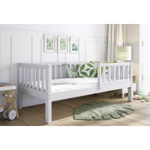 Kinderbett 140x70 Grau Bodenbett ZAYA Kiefernholz, mit Rausfallschutz Lattenrost | Letino