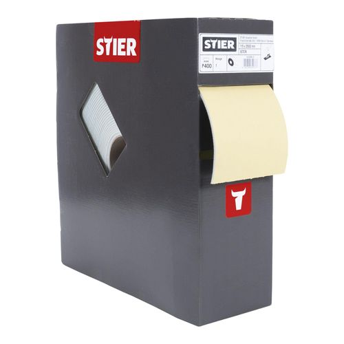 STIER Schleifpapier auf Schaumunterlage P400, 115x92mm Rollenlänge: 25m, für Lack-Reparatur, Profile, Wölbungen, praktische Box mit Abrisshilfe immer griffbereit