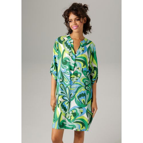 Sommerkleid ANISTON CASUAL, Damen, Gr. 44, N-Gr, bunt (jade, apfelgrün, smaragd, dunkelgrün, türkis, wollweiß, schwarz), Web, Obermaterial: 100% Viskose, bedruckt, gemustert, figurumspielend kniefrei, V-Ausschnitt, Krempelärmel, Kleider Sommerkleid, mit farbharmonischem, graphischem Druck