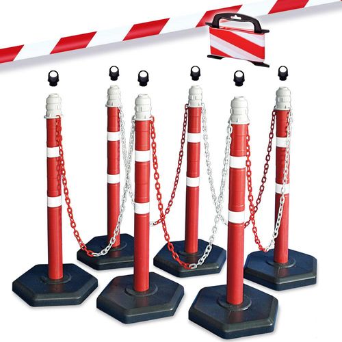 Kettenpfosten-Set, 6 Kettenständer, 10 m Kette, 6x Öse für Pfostenkopf, 25 m Absperrband rot/weiß