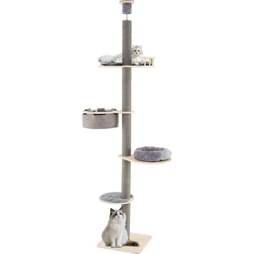 COSTWAY Kratzbaum deckenhoch, 236-271 cm, 5-stöckiger Katzenbaum mit Hängematte, Plattformen&Bett , Katzenkratzbaum hoch, Katzenmöbel Holz, Grau