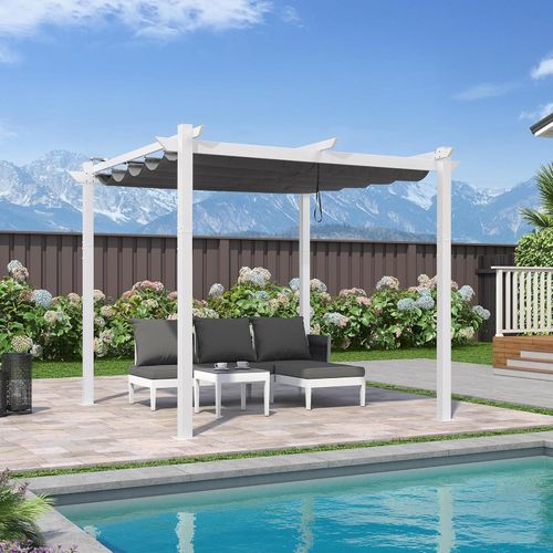 PURPLE LEAF Garten Pergola 3x3 m Aluminium Terrassenüberdachung, Weißer Rahmen mit grauem Schiebedach, stabiler Pavillon mit Markisenschutz