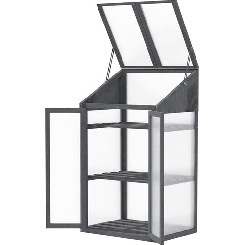 Frühbeet aus Holz, Mini Gewächshaus 70 x 50 x 120 cm, Treibhaus mit Abdeckung, Fenster, Doppeltür, lichtdurchlässig Frühbeetkasten mit 3 Regale, winterfest Hochbeet für Garten, Balkon, Grau