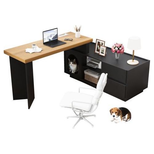 Tierhaus Schwarz Eiche Computertisch 120x50x72cm Eckschreibtisch MDF verdickte Platte L-foermig einteilig Montage XL Tierhoehle Home Schreibtisch