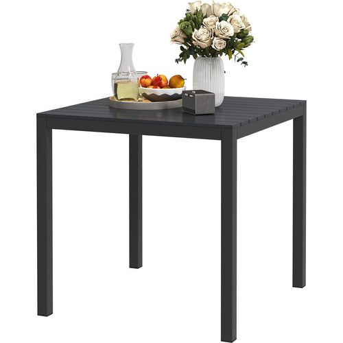 Gartentisch Aluminium 73x73 cm Wetterfest Buffettisch mit Holzoptik, Campingtisch für 4 Personen rutschfest Balkontisch Outdoor Esstisch für Garten, Terrasse Balkon Schwarz Aosom
