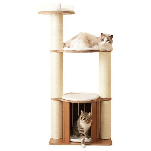 Katzenkratzbaum 60x48x135cm Braunweiss Kletterbaum XXL Stamm stabiler 3 Plattformen 1 Katzenhaus 12cm dicke Staemme herausnehmbare Matten Kippschutz