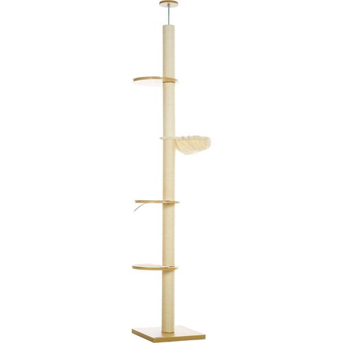 Kratzbaum, Katzenkratzbaum Deckenhoch, 230-250 cm, Kletterbaum mit Hängematte, Katzenbaum Höhenverstellbar, Spielbaum mit Kippschutz, Plüsch, Eiche+Cremeweiß