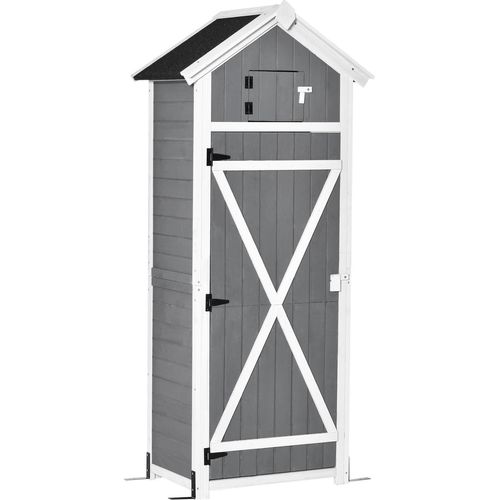 Gartenschrank mit Tür und Dach, Geräteschuppen aus Holz, grau, 78x52,5x182cm, ideal für Gartenlagerung & faltbaren Tisch