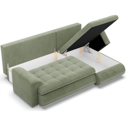 Rechts Ecksofa mit Schlaffunktion FORESTA, Sofa mit bettkasten 230x159cm, Cord, Grün