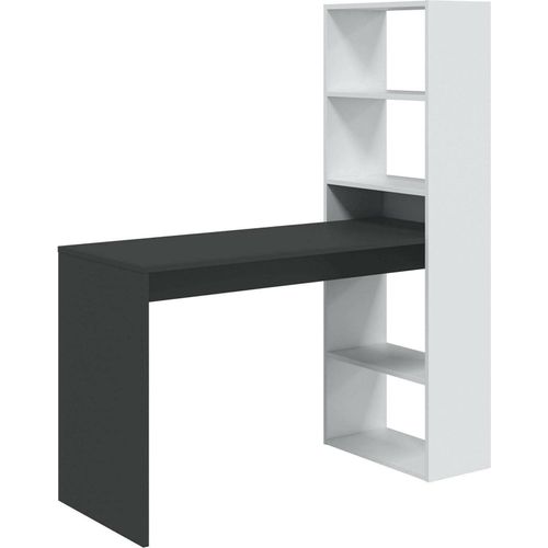 Schreibtisch Denton, Wendeschreibtisch mit Bücherregal mit 5 Böden, Studier- oder Bürotisch für PC-Buchhalter, 120x53h144 cm, Weiß und Anthrazit