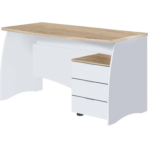 Schreibtisch Davell, Schreibtisch, PC-Halter Studiertisch mit 3 Schubladen, 136x67h74 cm, Weiß und Eiche