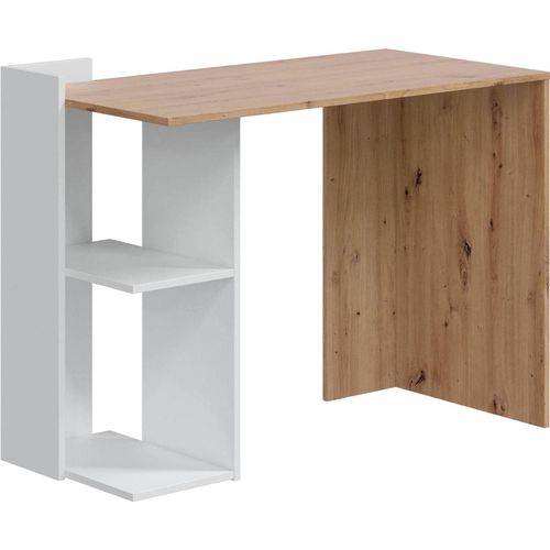 Tucson-Schreibtisch, umkehrbarer Multipositions-Schreibtisch, Arbeits- oder Bürotisch mit PC-Halterung und Regalen, cm 99x50h77, Knoten in Weiß und Eiche