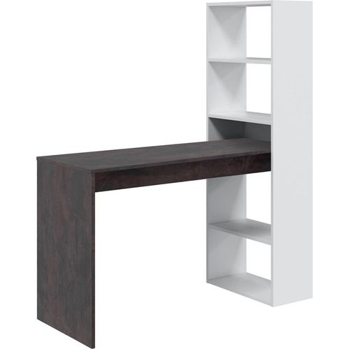 Schreibtisch Dcart, Wendeschreibtisch mit Bücherregal mit 5 Böden, Studier- oder Bürotisch für PC-Buchhalter, 120x53h144 cm, Weiß und Oxid