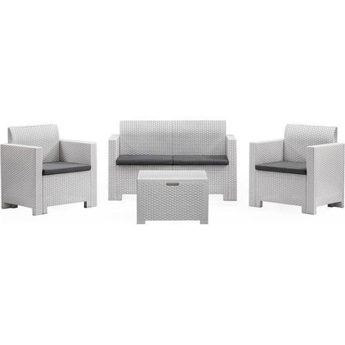 Lounge-Set für den Außenbereich Dmotto, Garten-Set mit Kissen, Lounge-Set für den Innenbereich in Rattan-Optik, 100 % Italy, Weiß