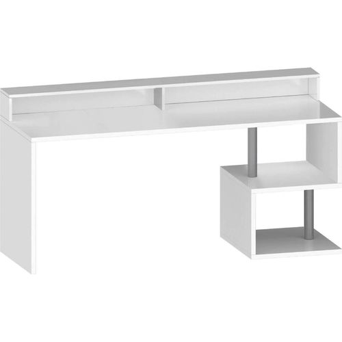 Schreibtisch Alban, Linearer Schreibtisch mit Ablagefächern und LED-Leuchten, Mehrzweck-Büroschreibtisch mit Platte, 180x60h93 cm, Weiß