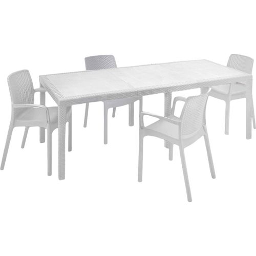 Tisch und Stühle Manarola, ausziehbares rechteckiges Außenregal mit 4 Stühlen inklusive, Gartentisch und Sitze in Rattanoptik, 100 % Italy, Weiß