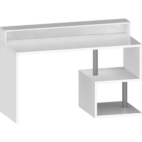 Schreibtisch Alain, Linearer Schreibtisch mit Ablagefächern und LED-Leuchten, Mehrzweck-Büroschreibtisch mit Platte, 140x60h93 cm, Weiß