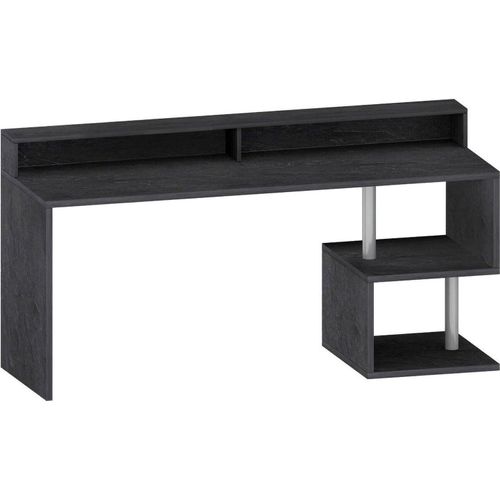 Schreibtisch Alban, Linearer Schreibtisch mit Ablagefächern und LED-Leuchten, Mehrzweck-Büroschreibtisch mit Platte, 180x60h93 cm, Schiefer