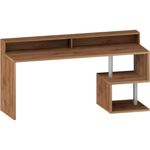 Schreibtisch Alban, Linearer Schreibtisch mit Ablagefächern und LED-Leuchten, Mehrzweck-Büroschreibtisch mit Platte, 180x60h93 cm, Eiche