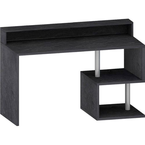 Schreibtisch Alain, Linearer Schreibtisch mit Ablagefächern und LED-Leuchten, Mehrzweck-Büroschreibtisch mit Platte, 140x60h93 cm, Schiefer