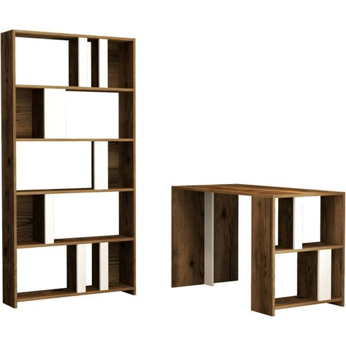 Schreibtisch Mirach, Mehrzweckschreibtisch, Computertisch mit Bücherregal für das Büro, 120x60h75 cm, Walnuss und Weiß