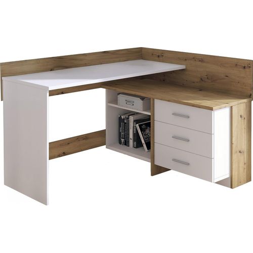 Schreibtisch Hudson, Mehrzweckschreibtisch, Bürotisch für PC, Eckschreibtisch, 130x112h82 cm, Weiß und Knoteneiche
