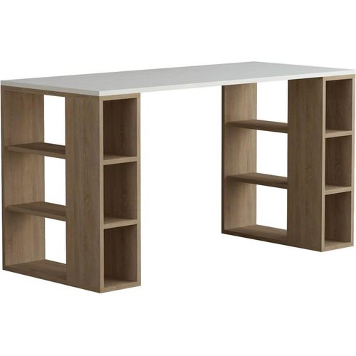 Schreibtisch Sulpice, Mehrzweckschreibtisch, Bürotisch für PC, Eckschreibtisch, 140x60 h75 cm, Weiß und Eiche
