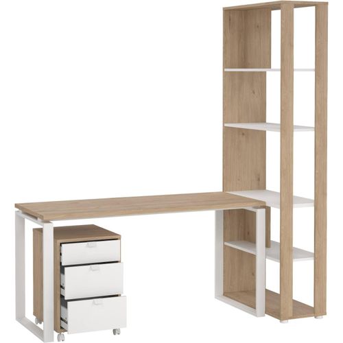 Schreibtisch Severine, Mehrzweckschreibtisch, Bürotisch für PC, Eckschreibtisch, 184x80 h205 cm, Eiche und Weiß
