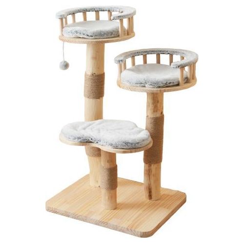 Designer Grau Massivholz 60x48x98cm Katzenklettergeruest 3-stufiges Sprungbrett abnehmbare Kissen Spielbaelle Wolkenoptik nachhaltig Klettergeruest