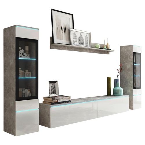 P & B Wohnwand Vera , Grau, Weiß Hochglanz , Glas, Holzwerkstoff , 4-teilig , Betonoptik , 6 Fächer , kaltweiß , 240x130x33 cm , Fsc, Made in EU ,