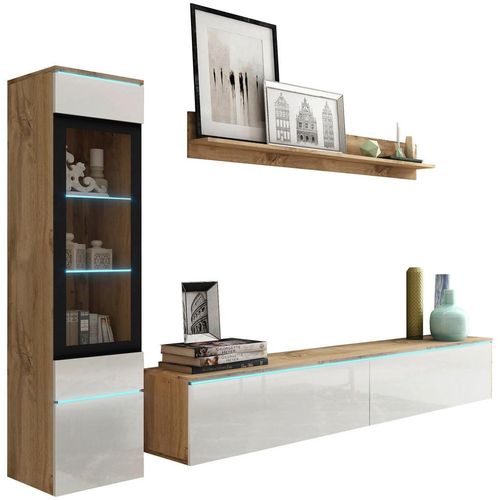 P & B Wohnwand Vera , Eiche Wotan, Weiß Hochglanz , Glas, Holzwerkstoff , 3-teilig , 3 Fächer , kaltweiß , 210x130x33 cm , Fsc, Made in EU , stehend,