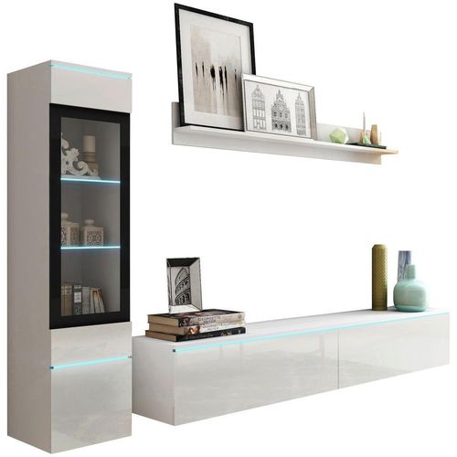 P & B Wohnwand Vera , Weiß Hochglanz , Glas, Holzwerkstoff , 3-teilig , 3 Fächer , kaltweiß , 210x130x33 cm , Fsc, Made in EU , stehend, hängend,