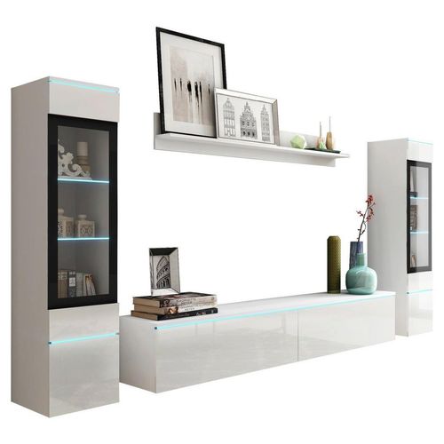 P & B Wohnwand Vera , Weiß Hochglanz , Glas, Holzwerkstoff , 4-teilig , 6 Fächer , kaltweiß , 240x130x33 cm , Fsc, Made in EU , stehend, hängend,