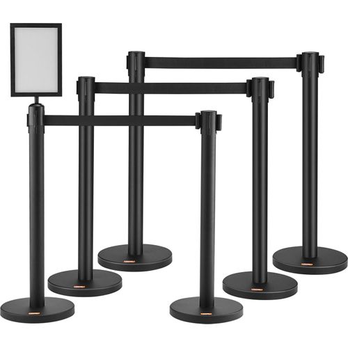 Personenleitsystem Absperrband Absperrständer 6-teilig, 2 m x 48 mm Schwarzer Einziehbarer Gürtel, Personenleitsystem Absperrpfosten mit Schildern für Flughäfen, Messen, Wettkampforte usw.