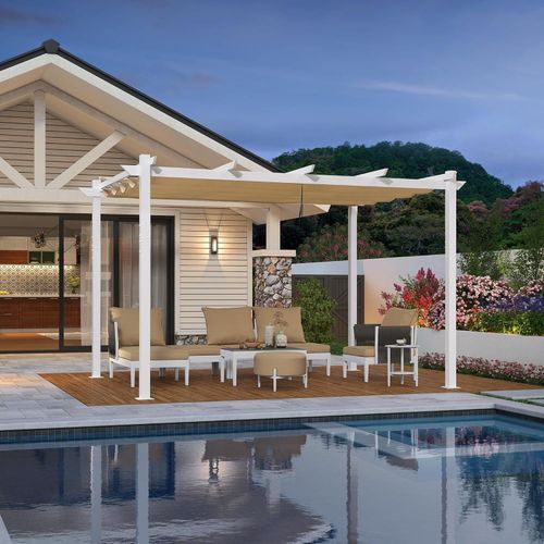 PURPLE LEAF Garten Pergola 3x4 m Aluminium Terrassenüberdachung, Weißer Rahmen mit beigem Schiebedach, stabiler Pavillon mit Markisenschutz