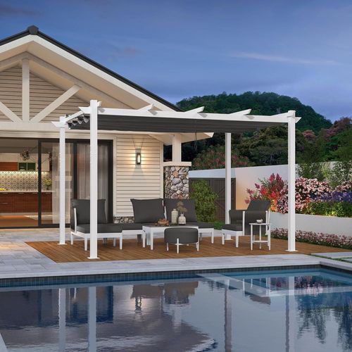 PURPLE LEAF Garten Pergola 3x4 m Aluminium Terrassenüberdachung, Weißer Rahmen mit grauem Schiebedach, stabiler Pavillon mit Markisenschutz