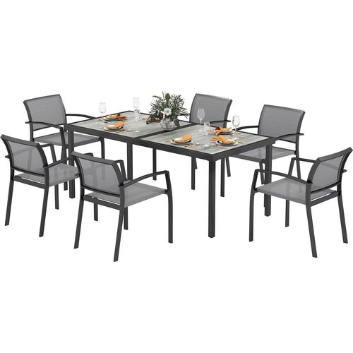 Sitzgruppe 7 tlg. Essgruppe für 6 Personen Esstisch mit 6 Stapelbare Stühle, Esszimmergruppe Küchentisch-Set mit Stahlgestell Balkonmöbel Gartenmöbel für Terrasse, Balkon Grau Aosom
