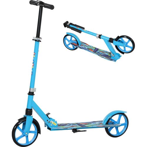 Roller Kinder Klappbar Kinderroller mit Verstellbare Lenkerhöhe, 2 Großen Rädern, Hinterer Schutzblechbremse, Tretroller Scooter für Kinder ab 6-12 Jahren Blau Aosom