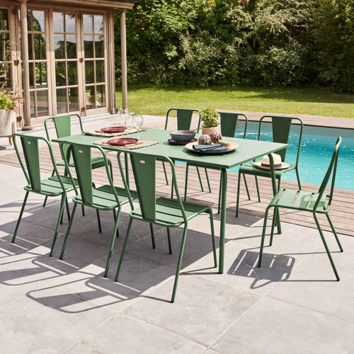 Stuhl Gartentisch und 8 Bistrostühle aus grünem Kaktusstahl - Oviala Palavas